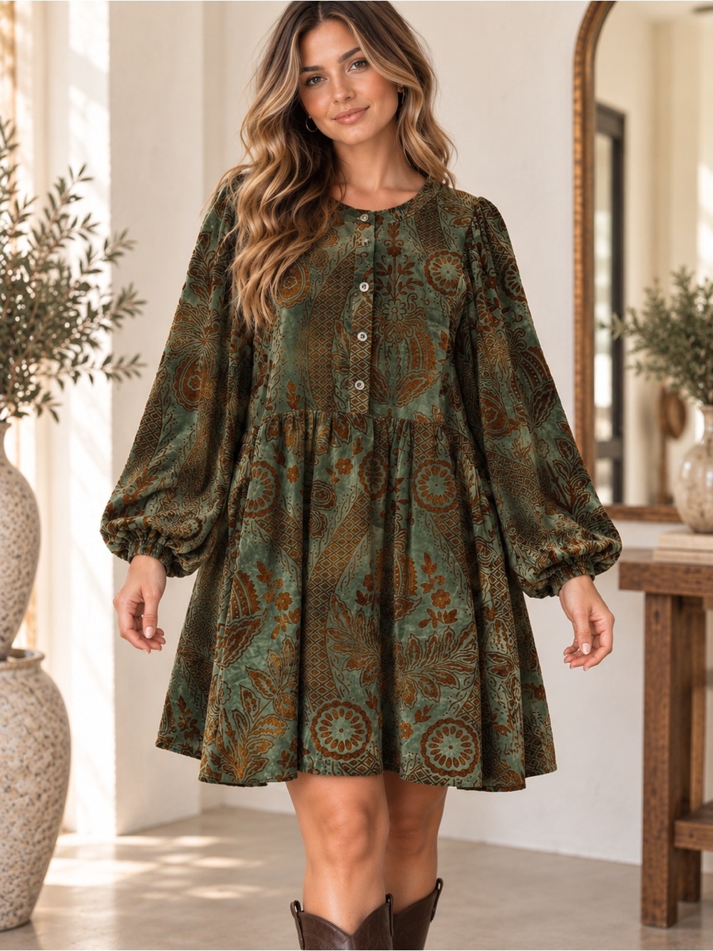Hudson Gray Green Burnout Velvet Dress L Whimsigoth Damask Boho Balloon Sleeve